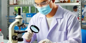 A Vietnamese food inspector in a laboratory setting examining pork for Salmonella bacteria. The inspector is wearing a white lab coat, gloves, and a f