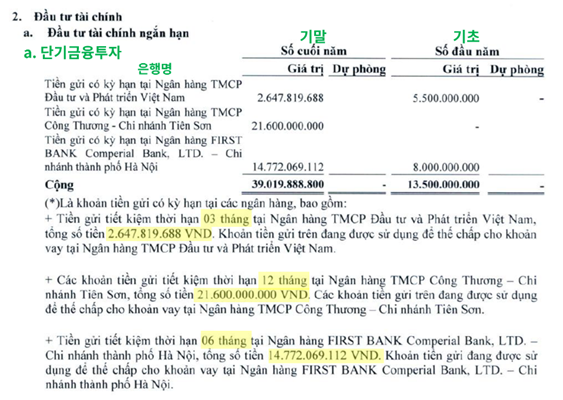 베트남 단기 금융 자산 주석