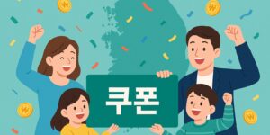 한국 가족이 쿠폰 팻말을 들고 축하하는 모습, 전국민 민생회복 소비쿠폰 썸네일