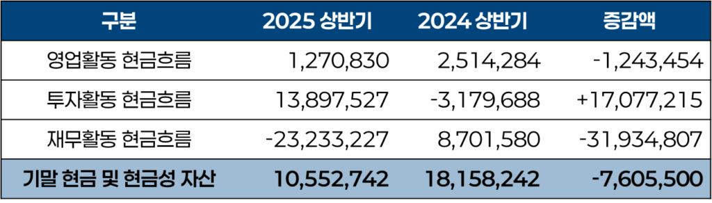 마산그룹(MSN) 2025년 상반기 실적 점검, 현금 흐름표 요약 (단위: 백만 동)