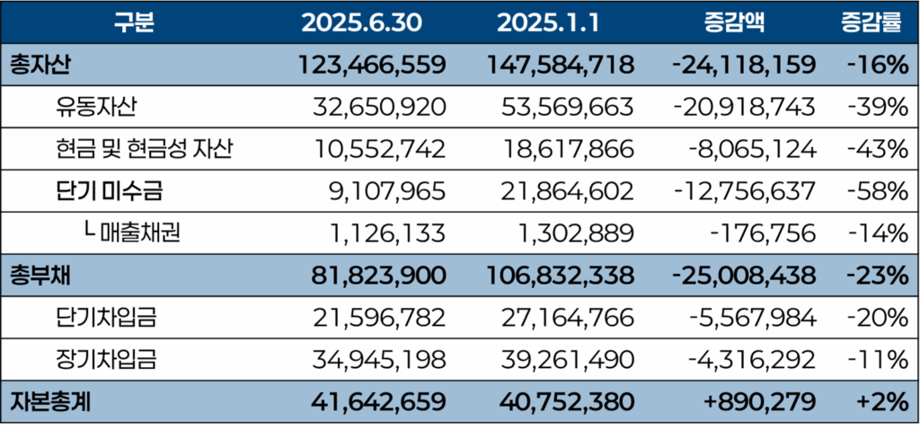 마산그룹(MSN) 2025년 상반기 실적 점검, 재무 상태표 요약 (단위: 백만 동)